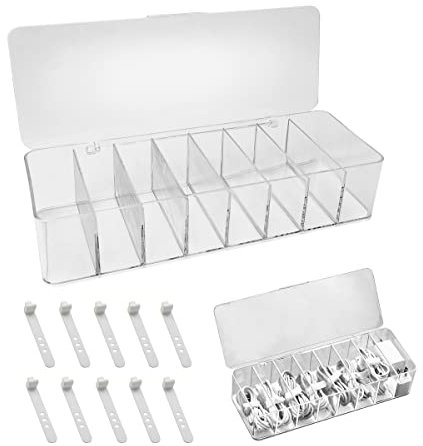 ZIETEN Storage Box for Chargers, Plastic Cable Manager, Transparent, with Lid, 8 Compartments, Office, Home, Accessories Storage