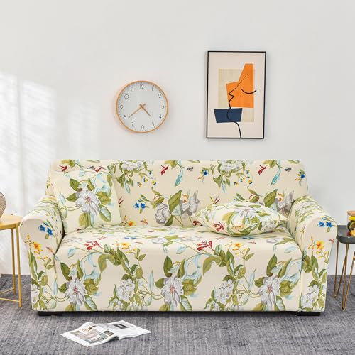 Lukery Funda de Sofá Elástica 1 2 3 4 Plazas, Estampado Botánico Cubre Sofa, Ajustable Antisuciedad Antideslizante Protector de Muebles con 2 Fundas de Almohada (3 plazas,Flores y Hojas)