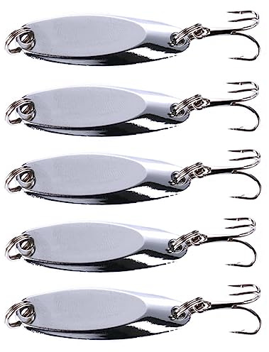 5 señuelos de pesca duros, cucharas de metal con caja, cebos de pesca, anzuelos triples, salmón, lubina, trucha, agua salada, agua dulce [10 g, plateado]