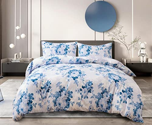 Householdfurnishing Reversible Complete Bedding Set 4 Pieces Duvet Cover Cotton Rich Bed Set Fitted Sheet And Pillow Case (Vintage Blue, Double)