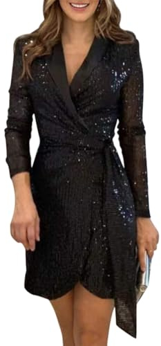 Minetom Femme Élégante Col en V Manches Longues Robe Paillettes Mini Robe de Soirée Mariage Cocktail Chic Cérémonie Robes A Noir M
