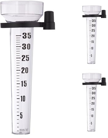 Relaxdays Regenmesser 3er Set, Halterung, Niederschlagsmesser Garten, Skala 35 mm/m², Kunststoff, transparent/schwarz