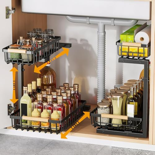 Cyiecweu Organizador Bajo Fregadero Cocina de 2 Niveles, Organizador Armario Cocina Ajustable en Altura en Forma de L, Organizador Productos Limpieza Extensible, Arrumacao Cozinha (1 Nnidad)