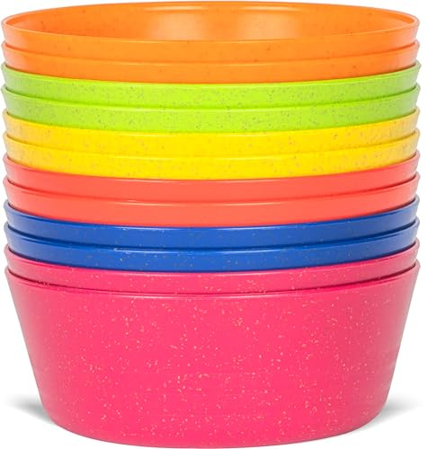 PLASKIDY Kids Bowls Wheat Straw Set of 12 Toddlers Bowls 10 Ounce Microwave/Dishwasher Safe BPA Free Non Toxic Children Bowls 6 Bright Colors Great for Cereal, Soup, Snack Bowls