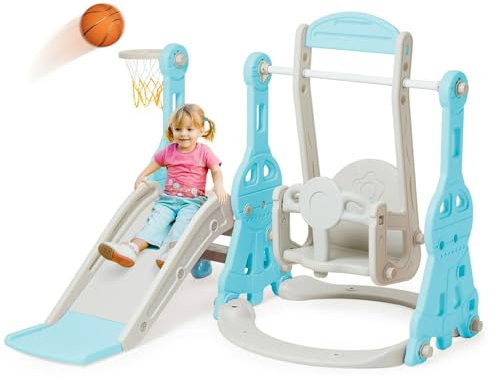 Rutsche Indoor ab 1 2 3 4 5 Jahr, 4-in-1-Kleinkindspielplatz mit Schaukel, Baby Rutsche Kinderzimmer, Gartenrutsche für Kleinkin für drinnen und draußen, Jungen und Mädchen (Turm+Blau)