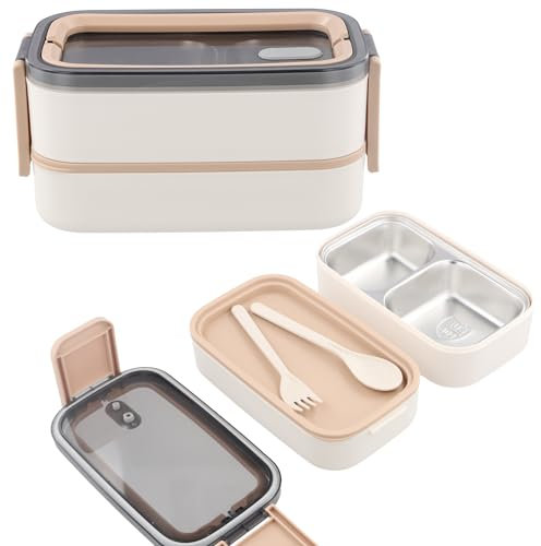 Lunchbox Bento in Acciaio Inox - 2 Piani con Scomparti, Senza BPA, Scatola per Il Pane per Adulti, Lunchbox in Acciaio Inox 304 Ecologica, Antigoccia, Adatta al Microonde - Per Bambini & Adulti,Cachi