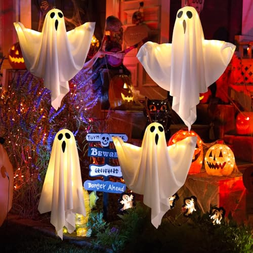 CNMTCCO 4 Stück Halloween Hängende Gespenster mit LED Lichtern, Dekorationen für Party, Terrassentür, Fenster, Baum, Veranda, Haus, Rasen, Wand