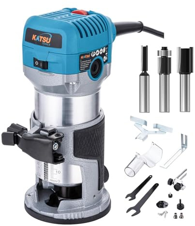 KATSU Tools Electric Hand Trimmer Wood Router 710W Compact Wood Palm Router | Soft Start, Aluminum Body, Trimmer Base, Variable Speed, 3 Collets 1/4, 6mm and 8mm & 3x Router Bits for DIY Woodworking