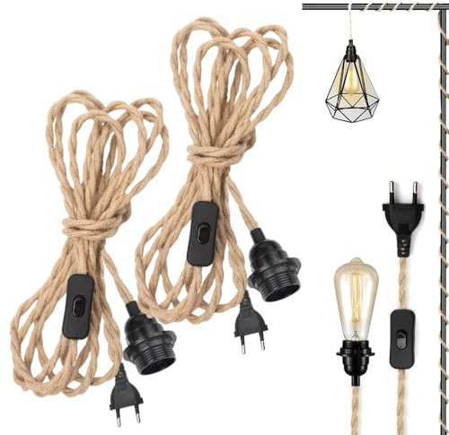 WDKXCN Lampenfassung E27 mit Kabel, 3m Hanfseil Lampenfassung mit Schalter, Vintage E27 Fassung mit Kabel, DIY Kabel mit Stecker für Dining Hall Schlafzimmer Home, Ohne Glühbirne