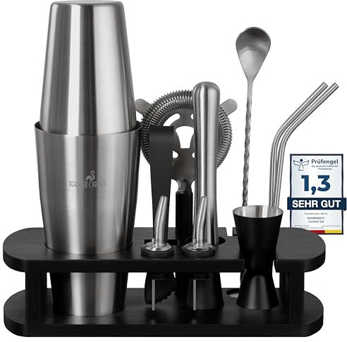 BARMINGO Boston Shaker Cocktail Kit | 11 Pièces, Volume de 825 ML, Noir - Argent | Shaker Cocktail INOX avec Support et Accessoires de Bar | Set Barman Cocktail Shaker | Kit Cocktail Professionnel
