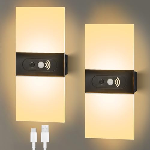 GOMETY 2 Stück Wandleuchte innen mit Bewegungsmelder, USB Aufladbar LED Wandlampe mit Schalter, Ohne Stromanschluss Kabellose 1200mAh Akku Wandlampe für Flur Treppen Wandbeleuchtung Warmweiß