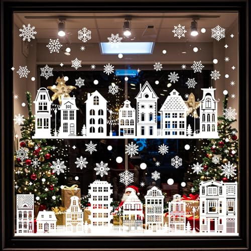 Fensterbilder Weihnachten Selbstklebend, 9 Blätter Weihnachtsdeko Fenster Innen, Fensterdeko Weihnachten Fenstersticker Wiederverwendbar mit Häuser Schneeflocken