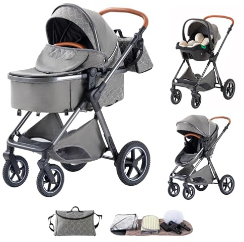 Shineey Kinderwagen 3 in 1,Puppenwagen Buggy Mit Babyschale,Mit Höhenverstellbarer Buggy Komplettset Faltbare tragbare,KombiKinderwagen Mit Aluminiumrahmen für Neugeborene 0 bis 3 Jahre