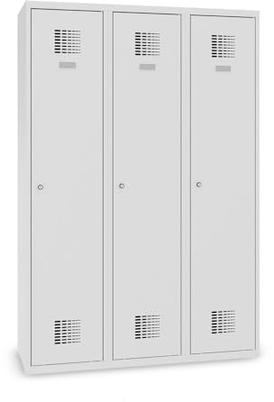 Steinbock Spind 3 Abteile + Mitteltrennwand | H180xB120xT50 cm | Lichtgrau | Drehriegelverschluss für Vorhängeschloss | Metallspind inkl. Hutablage, Kleiderstange, Namensschild | Schließfachschrank