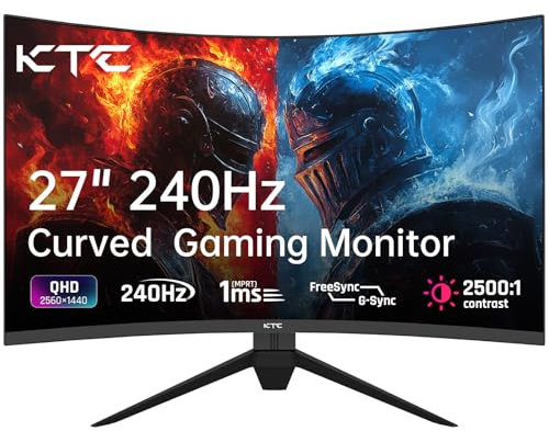KTC 27 Inch 240Hz Curved Gaming Monitor, 1000R VA, QHD 2K (2560x1440p), 2500:1 Contrast, Adaptive Sync, 1 x DP 1.2 (240hz) / 2 x HDMI 2.0 (144hz) / Earphone, VESA, Tiltable, Computer Monitor for Gamer