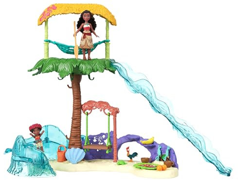 Mattel Disney Vaiana 2 Conjunto de juego Aventuras en la isla de Vaiana con muñecas pequeñas de Vaiana y Simea, 2 personajes amigos, 5 áreas de juego y 8 accesorios, JFF13