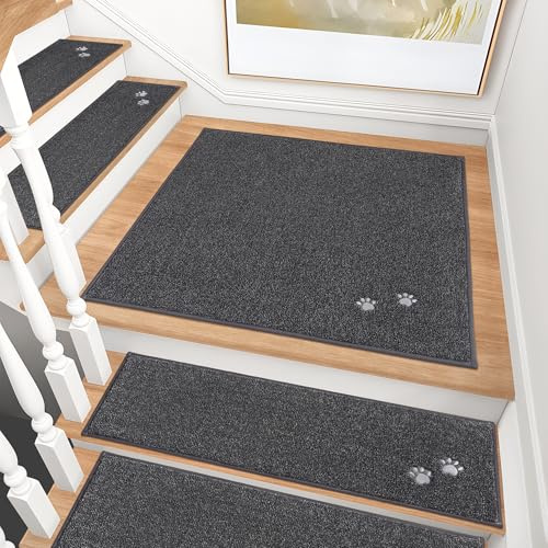BEQHAUSE Treppeneckmatten Stufenmatten Innen rutschfest,76X76cm,Dunkelgrau | Maschinenwaschbare Treppenteppich für Kinder, Älteste und Haustiere, 100% Polyester TPE -Rücken, Einfache Montage