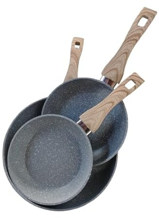 Set di 3 Padelle Antiaderenti con Manico in silicone color Legno, Rivestimento in Granito, 18/22/26 cm, Grigio adatta per induzione