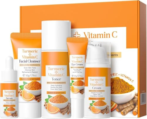 Vawolecy Coffret Cadeau au Curcuma & Vitamine C - Kit Soins Visage 5-en-1 Femme (Nettoyant, Tonique, Sérum, Crème Yeux & Hydratante)