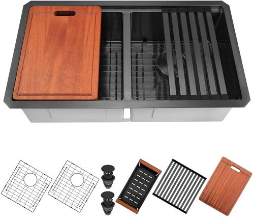 MONSINTA Black Undermount Kitchen Sink 30 x 18 Inch, 50/50 Double Bowl Kitchen Sinks, 16 Gauge Stainless Steel Workstation Sink with Ledge & Accessories, 30 x 18x 10 Large and Deep Double Sink