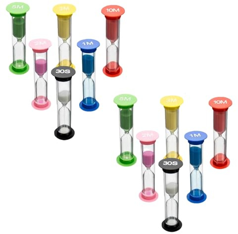 12 Pezzi Clessidra Timer dell' Orologio 30 Sec/ 1 Minuti / 2 Minuti / 3 Minuti / 5 Min / 10 Min Set Clessidre Sabbia Colorata per Bambini Lavarsi i Denti Scuola