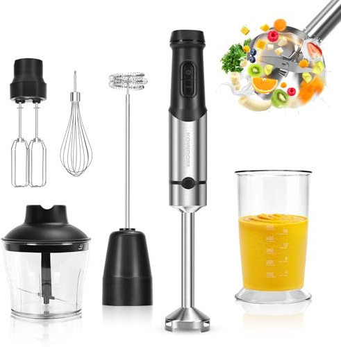 Stabmixer 1200W 6-in-1 Set, Edelstahl Pürierstab mit Stufenloser Geschwindigkeit + Turbo, inkl. Zerkleinerer (600ml) & Milchaufschäumer – für Suppen, Smoothies – platzsparend & pflegeleicht