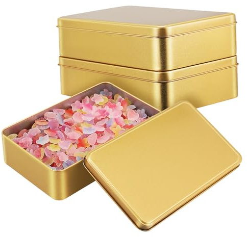 Scatola Latta Piccola Rettangolare in Latta 3 Pezzi Oro | Contenitori per Caramelle e Gioielli, Finitura Curata e Chiusura Sicura, Pratici per Regalo