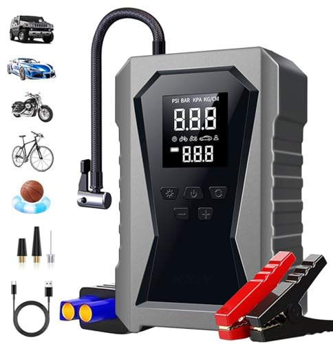 Démarreur de Voiture Portable, Démarreur De Batterie 12V avec Compresseur De Pneus, Banque D'Énergie Rechargeable, Booster sans Fil pour Démarrage De Voiture, pour Marine, Atelier,