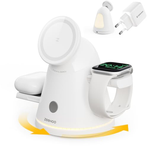 3 en 1 estación de carga para dispositivos Apple,Qi2 Mag-Safe Cargador Stand & Light,Estación de carga inalámbrica rápida para iPhone 17/16/15/14/13& AirPods & iWatch& Samsung Watch (Blanco & EU Plug)