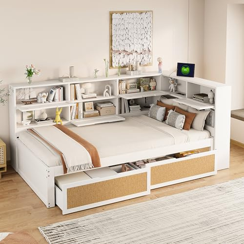 NovaFurnish Schlafsofa aus Massivholz 90X200cm mit Schublade Multifunktionales Einzelbett Kinderbett mit vielen Staufächern und Ladeanschluss Weiß