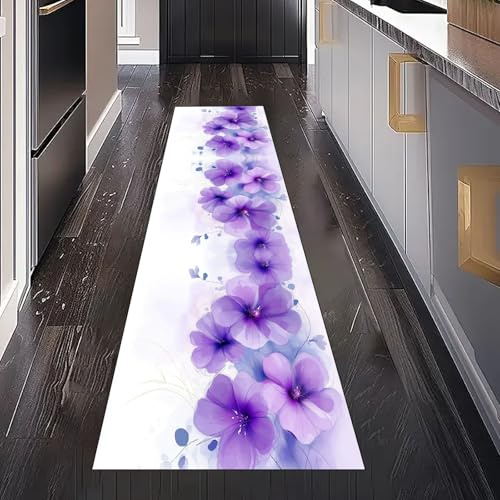 Gaqinhh Lila Aquarell Blumen Teppich Läufer Flur Küche Waschbar rutschfest 60x150 cm, Rustikal Pastoral Floral Teppiche für Bettumrandung Schlafzimmer Teppichläufer für Küchenläufer Eingangsbereich
