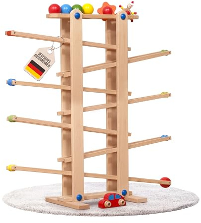 Coemo Stabile Kugelbahn XL aus Holz, Natur, 7 niedliche Mobile wie Auto | Blume, Kasper, große Murmelbahn für Kinder, Rennbahn für Baby und Kleinkind, Motorikspielzeug, Hochwertiges Buchenholz