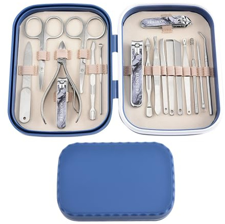 AFIODA Kit de manucure 18 en 1 professionnel avec coupe-ongles, ensemble d'outils de pédicure et de toilettage avec étui de voyage en cuir, kit de soins des ongles pour homme et femme, parfait pour la