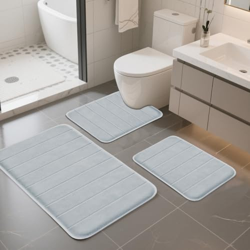 Ruioomeep Lot de 3 tapis de bain antidérapants et lavables avec mousse à mémoire de forme et tapis WC en forme de U (gris clair, 2 tapis de bain + tapis WC en forme de U)