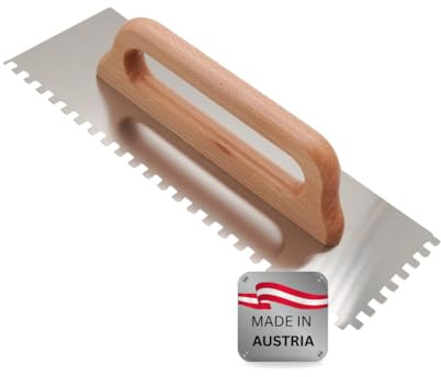 WERKFIT Kompakt Glättekelle 380 mm – Profi Zahnkelle aus rostfreiem Edelstahl mit Buchenholzgriff – Glatt & Zahnungen E3–E15 – Handliche 1- oder 2-Hand Kelle für Fliesenleger & Handwerker (E8)