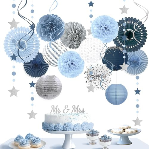 NICROLANDEE 19 Stück Staublau-Partydeko Papier-laternen Seidenpapier Pompon | Fächer, Girlande für Hochzeit Geburtstag Brautdusche Junggesellinnenabschied & Baby Party