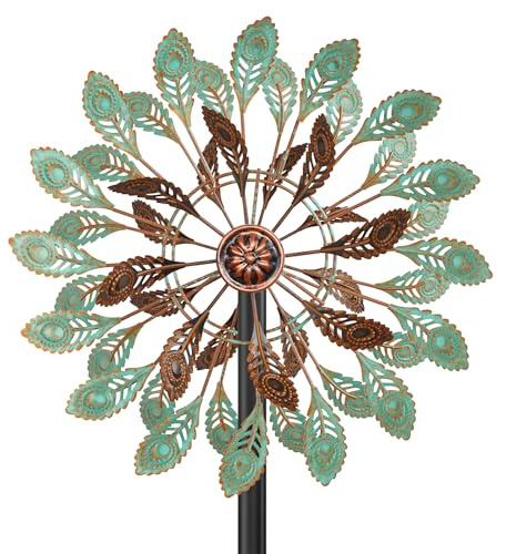 Metall Windrad Garten Dekoration in Retro-Farben - Windspiele für Garten, Rasen und Terrasse, Windskulptur Spinner mit Metallpfahl (Vintage Federn)