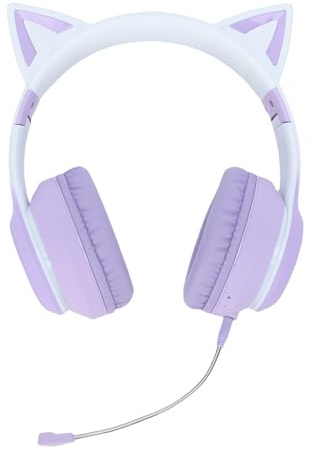 YUEHISY 2.4GHz Wireless Gaming Headset, Foldable Cute Cat Ear Wireless Gaming Headphone with 7 Color LED Light, 3.5mm AUX Cable, Detachable Microphone (Purple)