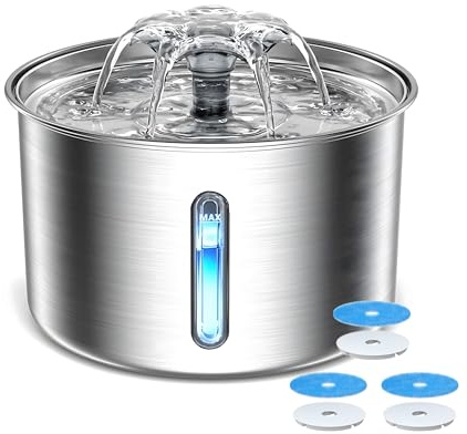 Kattvattenfontän i rostfritt stål, 3 l, supertyst, filtersystem med LED, inkl. 3 aktivkolsfilter