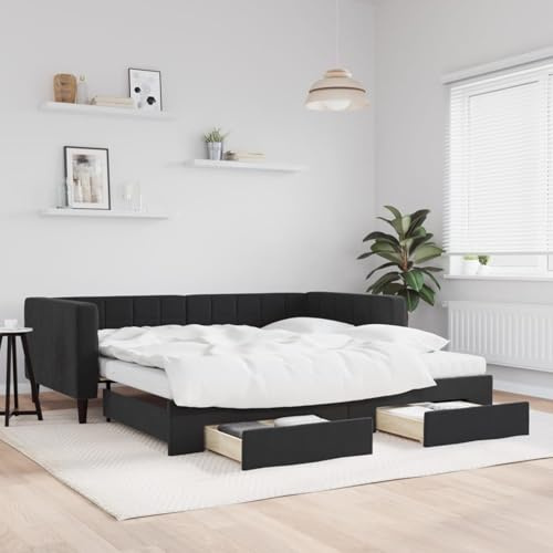 Fecpoo WGYHOME utdragbar dagsäng, med lådor, svart, 223 x 110 cm sammet – 2-i-1-bäddsoffa för gästrum och vardagsrum, inkl. 2 madrasser och 2 lådor