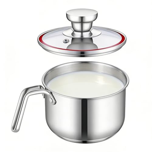 Olla de leche de acero inoxidable con tapa, 1000 ml, olla para leche de doble pared, olla a fuego lento con silbato, olla de inducción con asa, cacerola de mango, apta para cocinas de inducción de gas