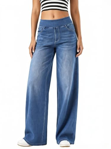 High Waisted Flattering Stretchy Wide Leg Loose Fit Baggy Jeans for Women | Stretch Pull On Straight Leg Slimming Tummy Control Comfy Denim with Multiple Pockets High Elasticity Fashion Casual Jeans