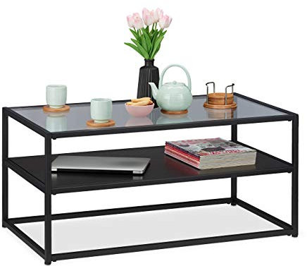Relaxdays Couchtisch, Ablage aus MDF, Glas & Metall, modernes Design, edler Wohnzimmertisch, HBT 42x90x50 cm, schwarz