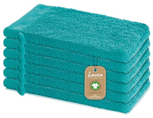 Lavea® 6er Set Waschhandschuh 16x22 cm – Ozeanblau | 100% Baumwolle, weicher Frottee Waschlappen, saugstark, hautfreundlich, waschbar und strapazierfähig – Frottierserie Bali