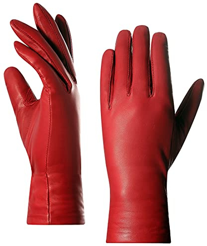 Harssidanzar Leder Handschuhe Für Damen,Damen Italienische Lammfell Lederhandschuhe Kaschmir Gefüttert, Rot, M