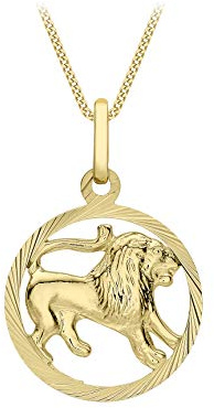 CARISSIMA Women's 9ct Yellow Gold Round Diamond Cut Zodiac Leo Pendant on 9ct Yellow Gold 20 Diamond Cut Curb Chain 46cm/18