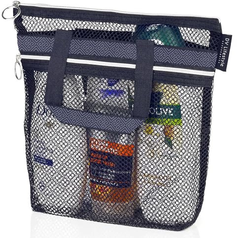 DV Lifestyle Mesh Shower Bag 25 x 26cm Caddy with Zipper & 2 Pockets. Quick-Dry Portable Toiletry Tote for Bathroom, Gym, Travel, Camp, Beach, for Sunscreen, Dorm & College Essentials (Black)