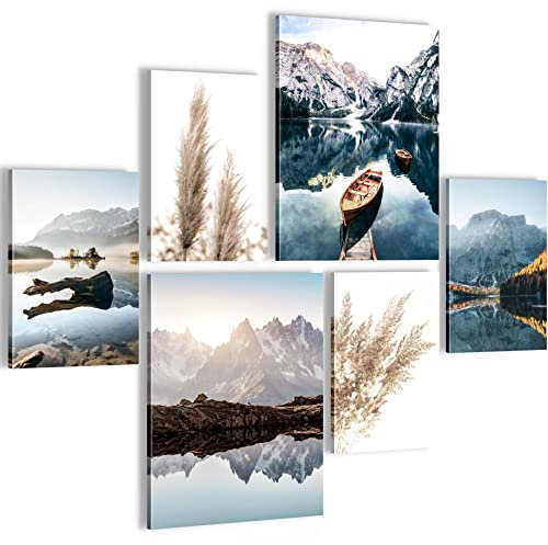 Novart Wandbilder Set See Berge Natur - KEIN EXTRA RAHMEN BENÖTIGT - Modern Deko - Wohnzimmer Schlafzimmer N003663a