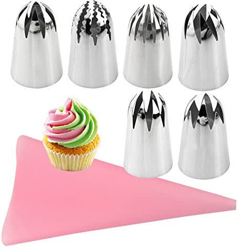 Set per Decorazione Torte, Decorazione Torta Con 6 beccucci, 1 Riutilizzabili Tasca da Pasticceria, Beccucci Russi, Kit Fai da Te per Decorazione di Torte，per pasticceria, fondente(7PCS)