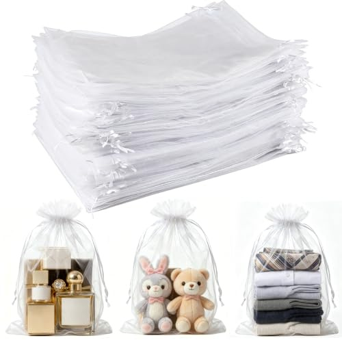 CLTPY 50 Stück Organzasäckchen 20x30cm Große, Geschenkbeutel Organza Weiße | Geschenktüten mit Kordelzug für Hochzeit Halloween Weihnachten, Verpackungstüten für Werbegeschenke